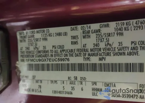 2014 Ford Escape Se из США, поврежденный, VIN 1FMCU9GX7EUC59976